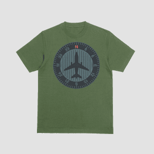 Aircraft Compass Heading Indicator Olive Green T-Shirt with Plane Silhouette Dare to Live Apparel