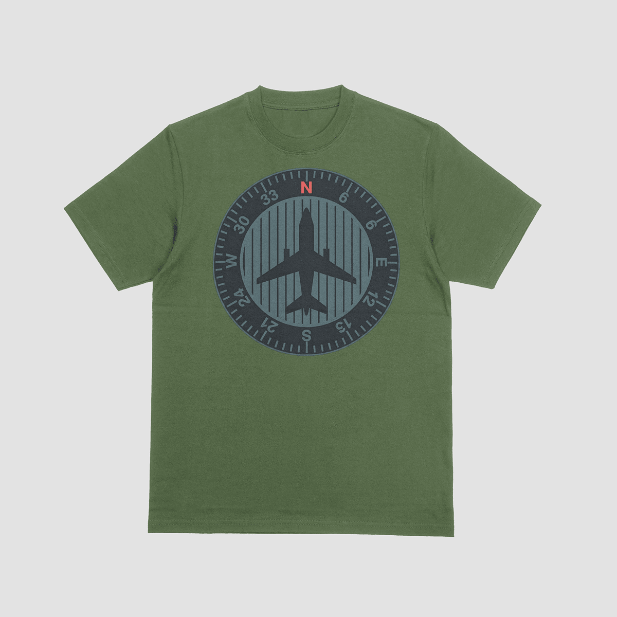 Aircraft compass - Mockup (4) Aircraft Compass Heading Indicator Olive Green T-Shirt with Plane Silhouette Dare to Live Apparel
