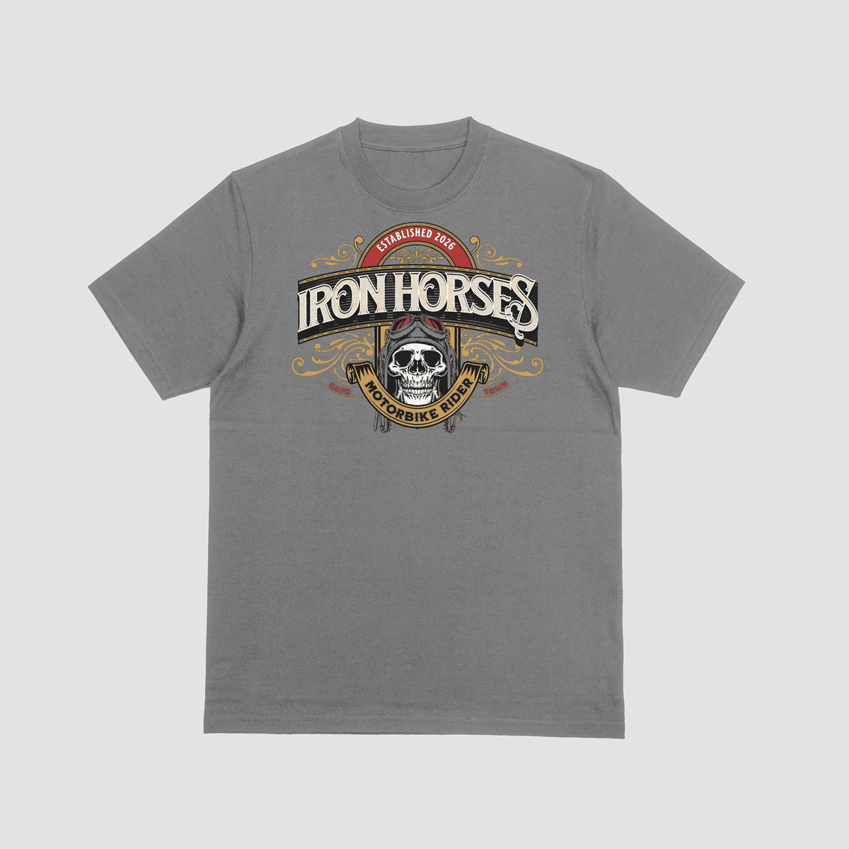 Iron Horses Vintage Motorbike Rider Cape Town Grey T-Shirt Dare to Live