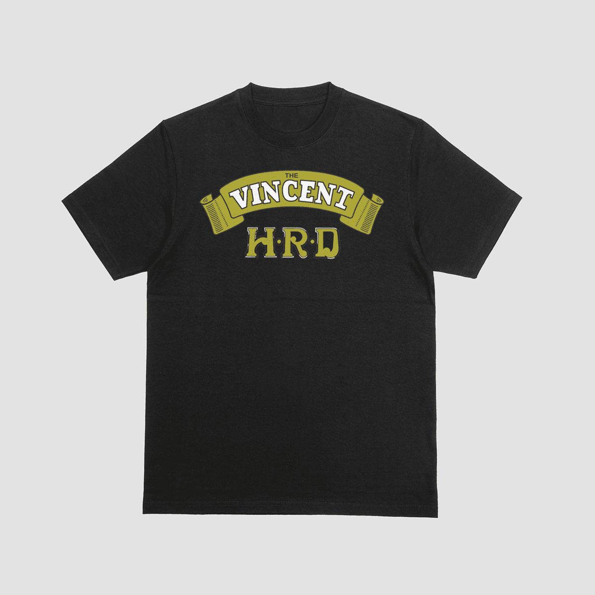 A black premium t-shirt featuring a vintage yellow scroll logo with "THE VINCENT