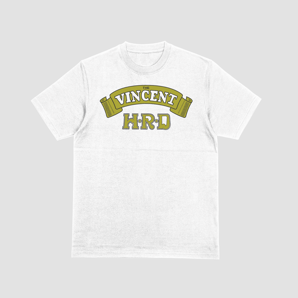 A black premium t-shirt featuring a vintage yellow scroll logo with "THE VINCENT