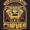 A dark charcoal t-shirt featuring a yellow and orange graphic of a motorcycle front-end and engine with text that says "When life throws you curves, lean into it."