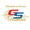 A black premium t-shirt featuring the text "#Explore Africa" in gold, a compass rose, and the BMW R1200 GS Adventure logo in red, blue, and gold.
