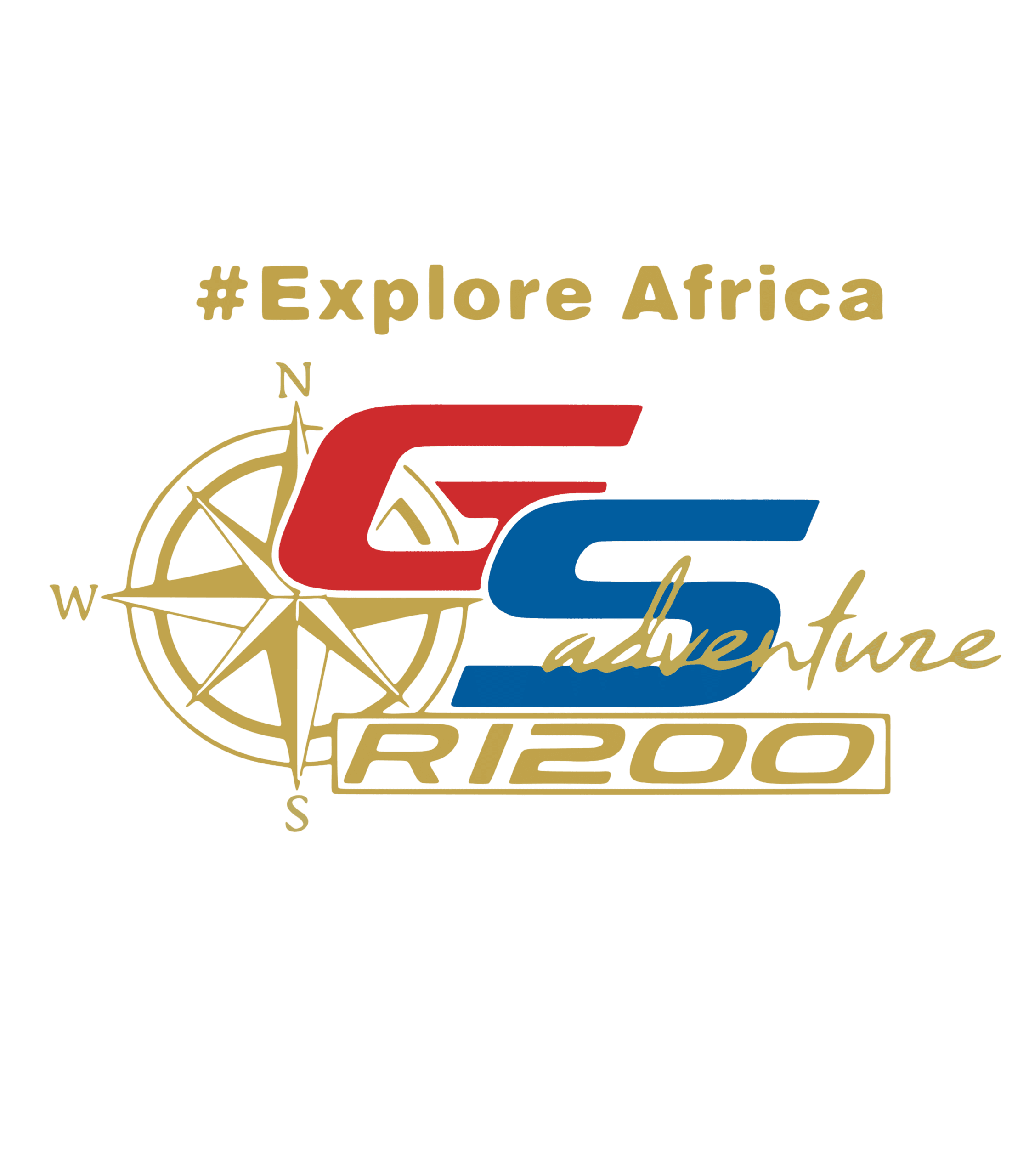 A black premium t-shirt featuring the text "#Explore Africa" in gold, a compass rose, and the BMW R1200 GS Adventure logo in red, blue, and gold.
