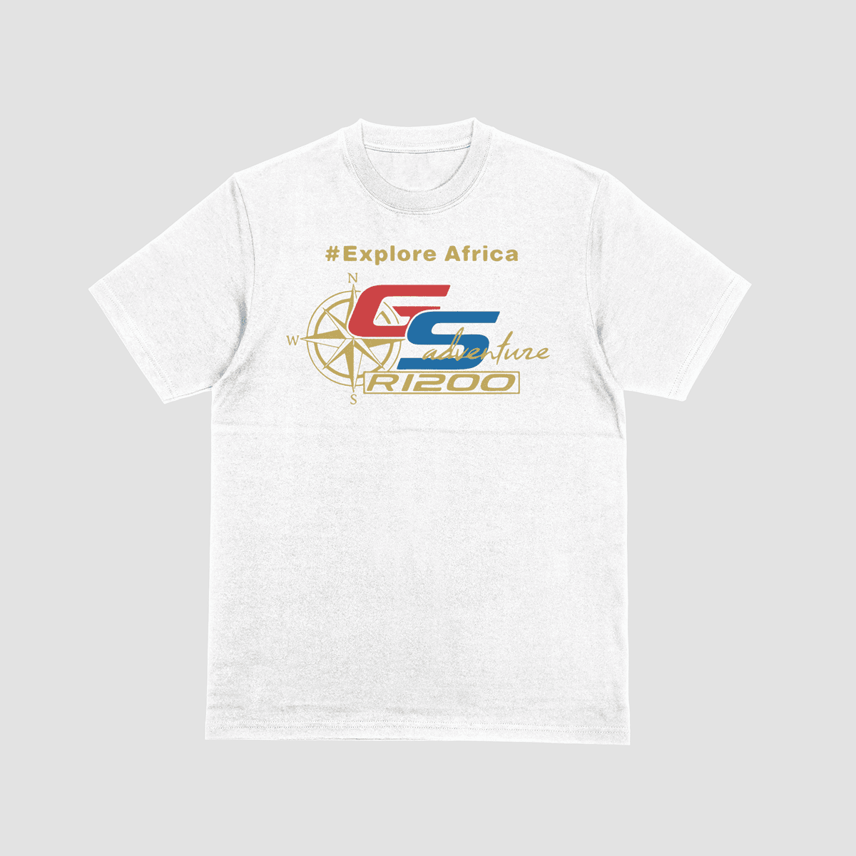 A black premium t-shirt featuring the text "#Explore Africa" in gold, a compass rose, and the BMW R1200 GS Adventure logo in red, blue, and gold.