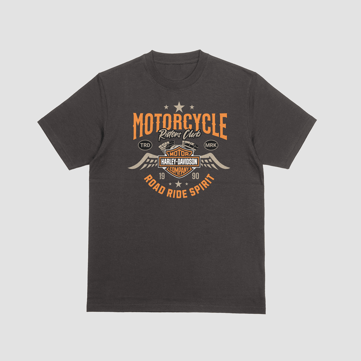 A premium black t-shirt featuring an orange and cream Harley-Davidson Riders Club graphic with eagle wings and "Road Ride Spirit" text.
