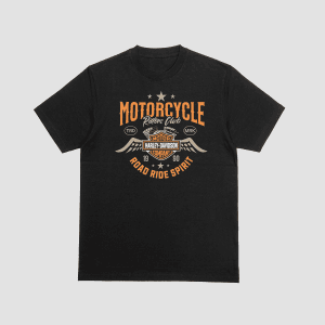 A premium black t-shirt featuring an orange and cream Harley-Davidson Riders Club graphic with eagle wings and "Road Ride Spirit" text.
