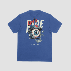 Blue motorcycle graphic t-shirt featuring a flying eyeball with a helmet and the text Let's Ride Together.