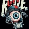 Blue motorcycle graphic t-shirt featuring a flying eyeball with a helmet and the text Let's Ride Together.