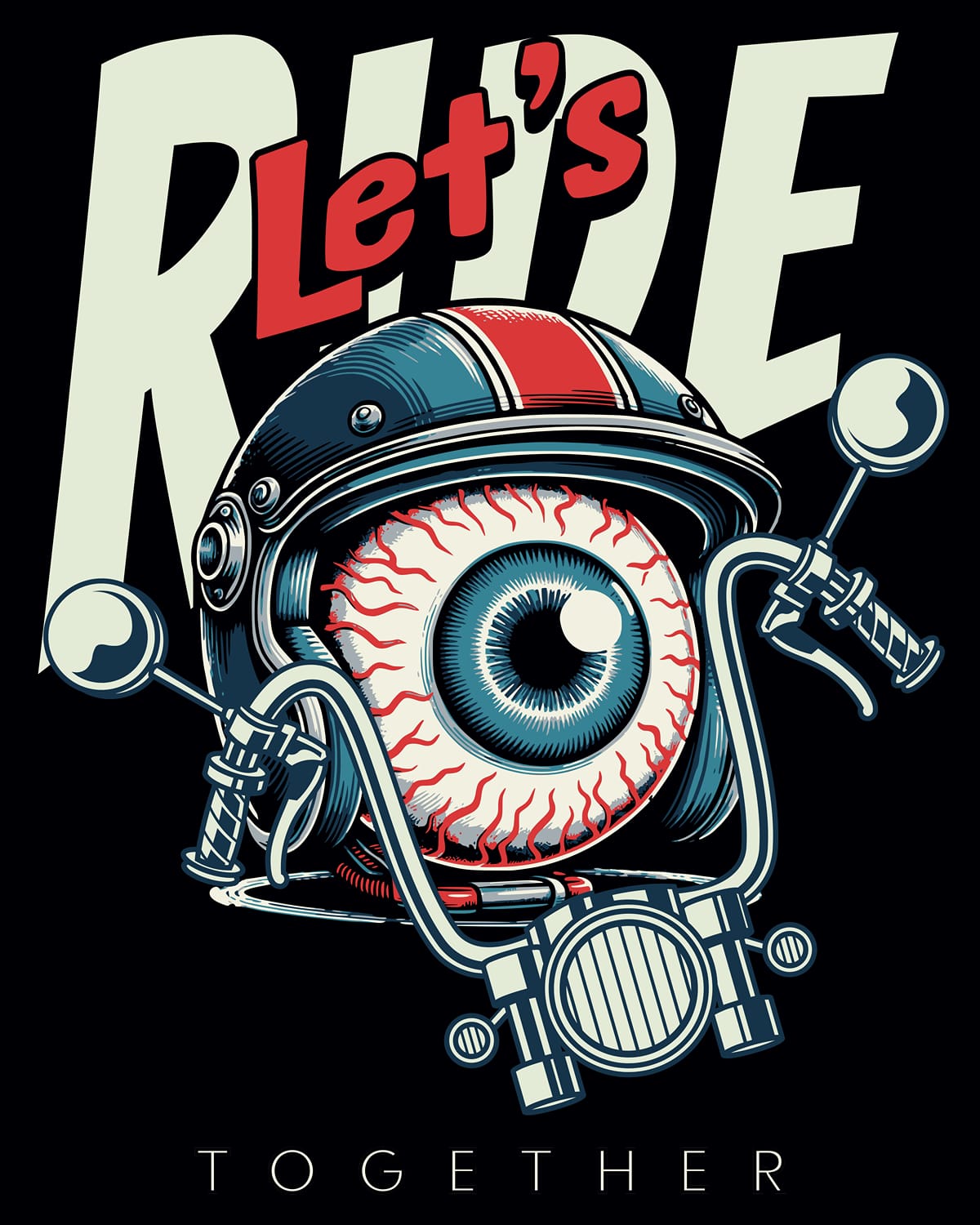 Blue motorcycle graphic t-shirt featuring a flying eyeball with a helmet and the text Let's Ride Together.