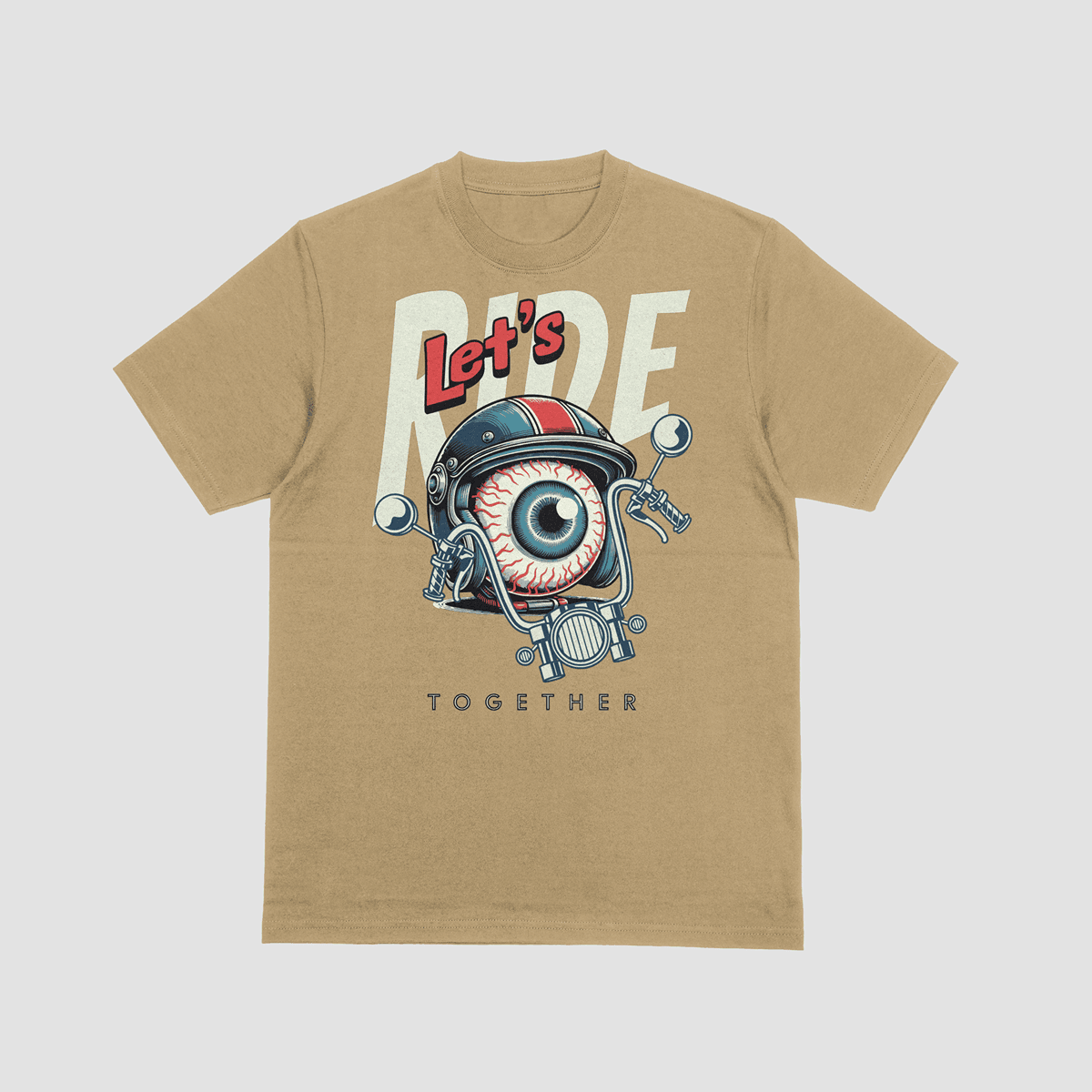 Blue motorcycle graphic t-shirt featuring a flying eyeball with a helmet and the text Let's Ride Together.