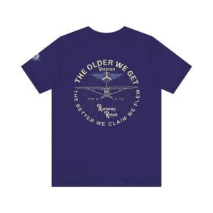 Vintage navy blue t-shirt featuring a "Runway Rebel" aviation graphic with a high-wing airplane silhouette and the text "The older we get, the better we claim we flew.