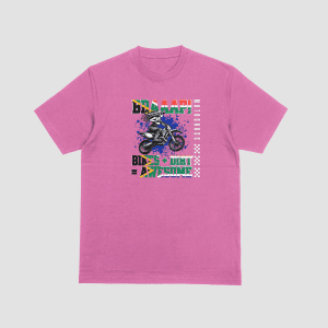 Pink t-shirt featuring a motocross rider graphic with "BRAAAP!" text and South African flag colors.
