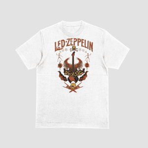 White graphic t-shirt featuring a distressed Led Zeppelin "Rock Star" design with a winged electric guitar, skulls, dancing skeletons, and "ESTD 1968" text.