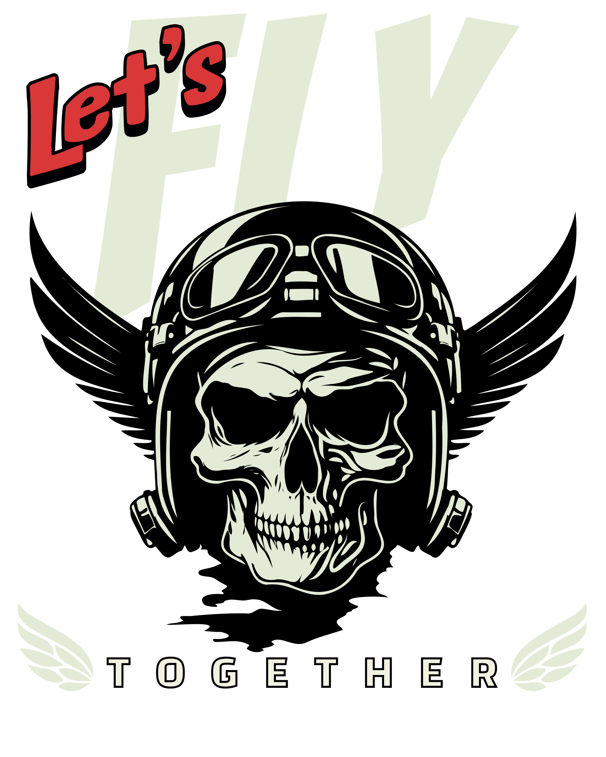 A navy blue t-shirt displaying a bold graphic of a skull wearing a vintage aviator helmet with goggles and wings. The text "Let's FLY" is printed in large white and red letters above the skull, with "TOGETHER" and small wing icons printed below it.