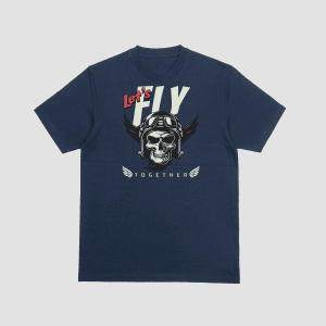 A navy blue t-shirt displaying a bold graphic of a skull wearing a vintage aviator helmet with goggles and wings. The text "Let's FLY" is printed in large white and red letters above the skull, with "TOGETHER" and small wing icons printed below it.