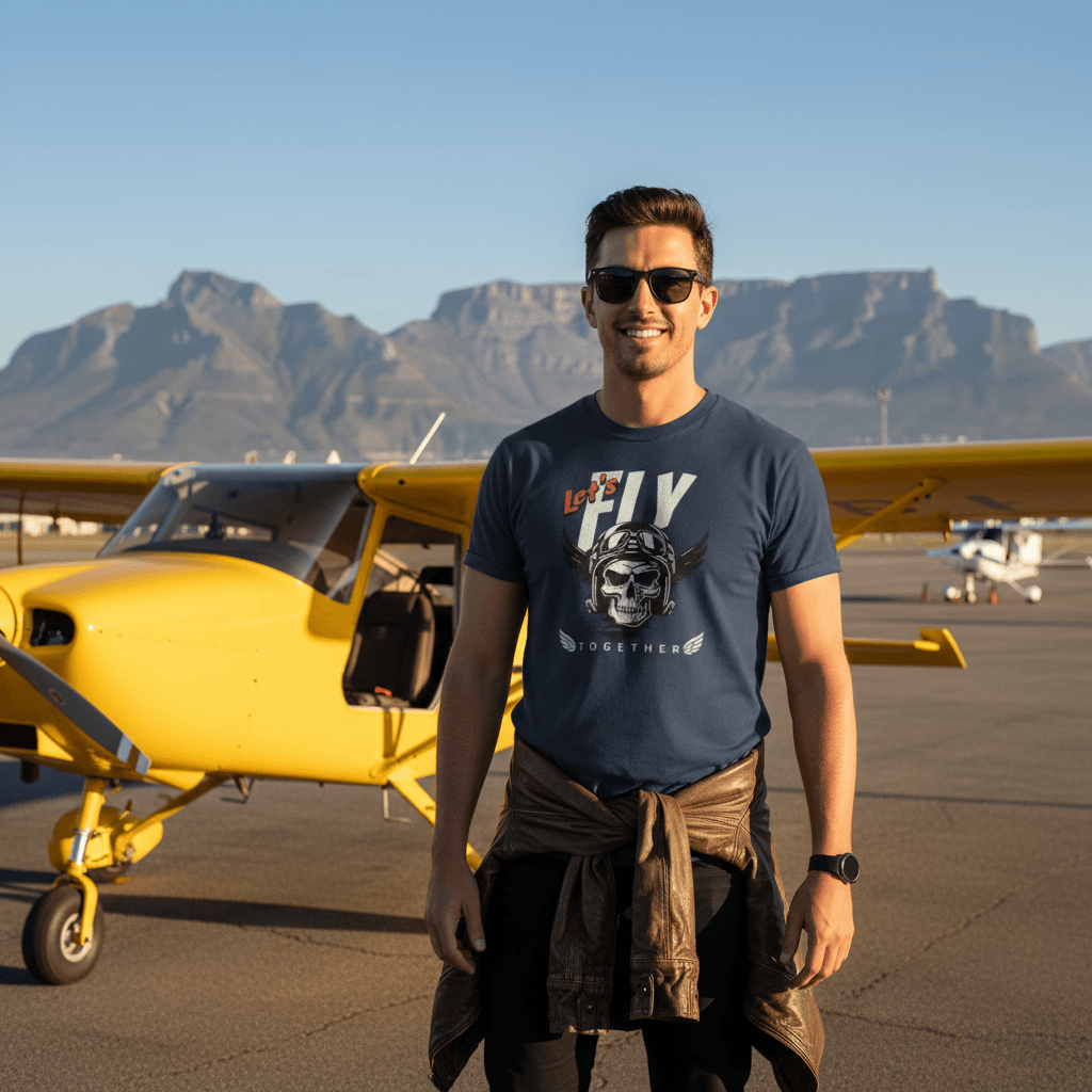 A navy blue t-shirt displaying a bold graphic of a skull wearing a vintage aviator helmet with goggles and wings. The text "Let's FLY" is printed in large white and red letters above the skull, with "TOGETHER" and small wing icons printed below it.