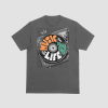 An olive green t-shirt featuring a vintage turntable graphic with a vinyl record. The text "MUSIC IS THE SOUNDTRACK OF YOUR LIFE" is integrated into the record design in orange, teal, and white retro lettering. Part of the Dare To Live Vibe collection.