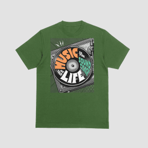 An olive green t-shirt featuring a vintage turntable graphic with a vinyl record. The text "MUSIC IS THE SOUNDTRACK OF YOUR LIFE" is integrated into the record design in orange, teal, and white retro lettering. Part of the Dare To Live Vibe collection.
