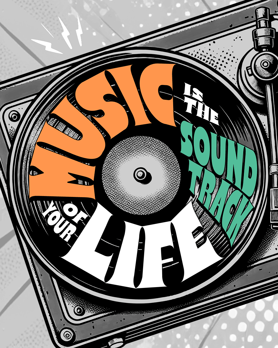 An olive green t-shirt featuring a vintage turntable graphic with a vinyl record. The text "MUSIC IS THE SOUNDTRACK OF YOUR LIFE" is integrated into the record design in orange, teal, and white retro lettering. Part of the Dare To Live Vibe collection.