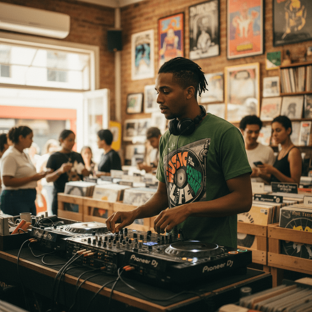 An olive green t-shirt featuring a vintage turntable graphic with a vinyl record. The text "MUSIC IS THE SOUNDTRACK OF YOUR LIFE" is integrated into the record design in orange, teal, and white retro lettering. Part of the Dare To Live Vibe collection.