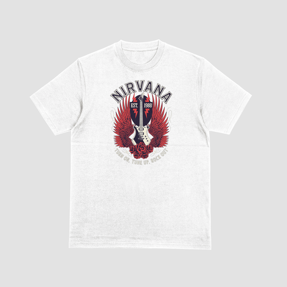 A charcoal grey t-shirt featuring a Nirvana-inspired graphic. The design includes a white electric guitar with large red wings, red roses at the base, and lightning bolts. The text "NIRVANA" is arched at the top, and "TURN ON, TUNE UP, ROCK OUT" is printed at the bottom. Part of the Dare To Live Vibe range