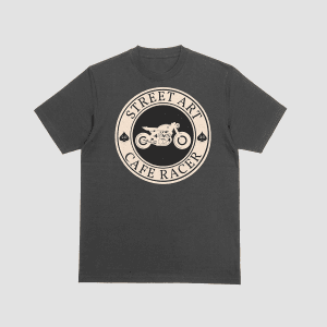 Navy blue t-shirt featuring a circular "Street Art Cafe Racer" badge with a vintage motorcycle silhouette and ace of spades icons.