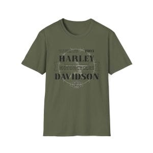 Military olive green biker t-shirt with 1903 Harley-inspired distressed graphic and barbed wire.