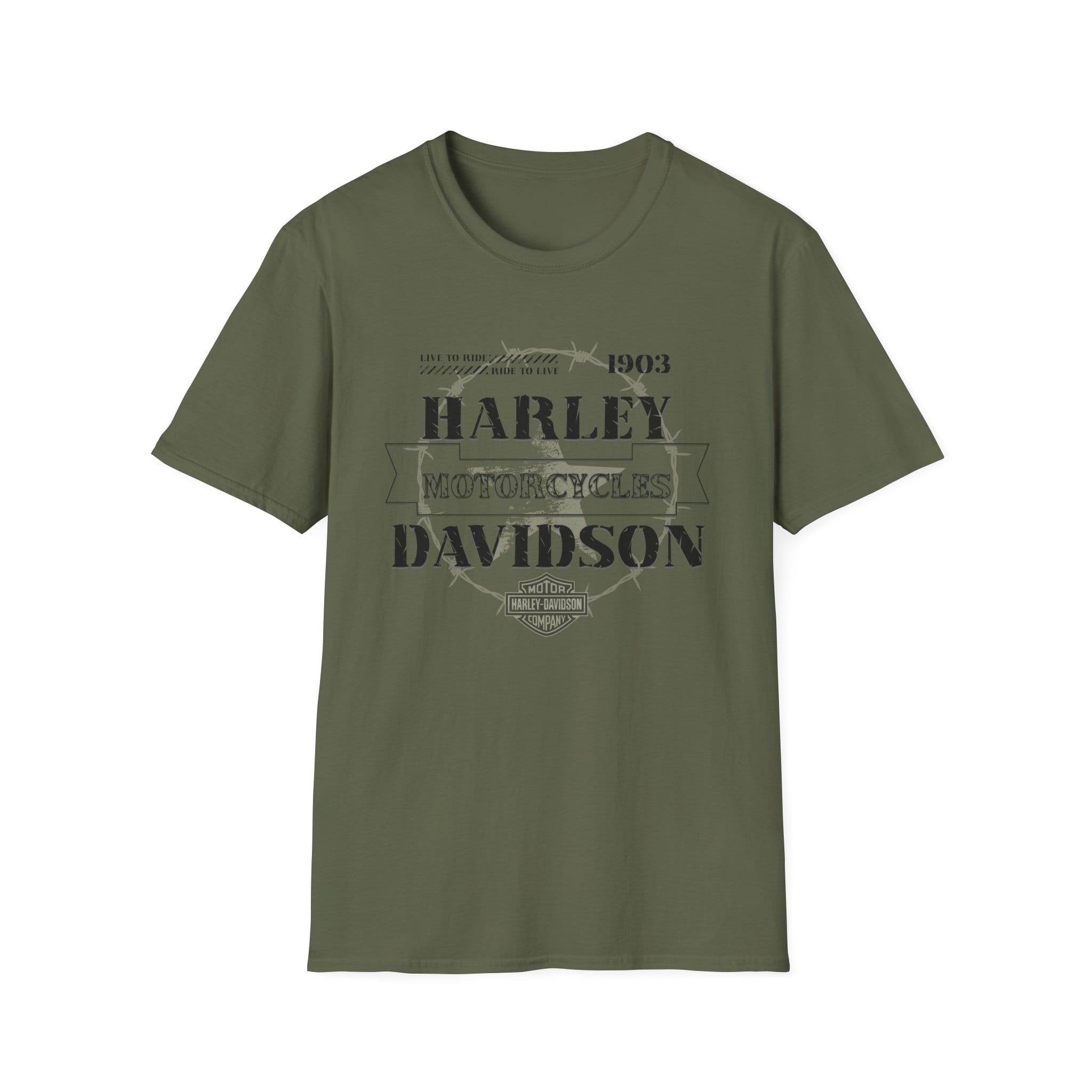 Military olive green biker t-shirt with 1903 Harley-inspired distressed graphic and barbed wire.