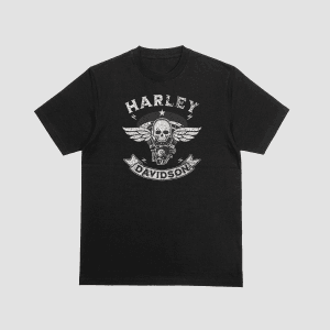 A black t-shirt featuring a distressed, white "grunge" graphic of a skull with wings positioned over a motorcycle engine. The words "Harley" and "Davidson" are printed in a vintage arc and banner style above and below the central skull design.