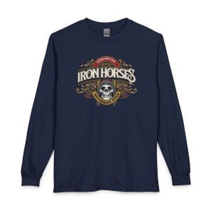 Black long sleeve t-shirt with a vintage "Iron Horses" skull and goggles motorcycle graphic