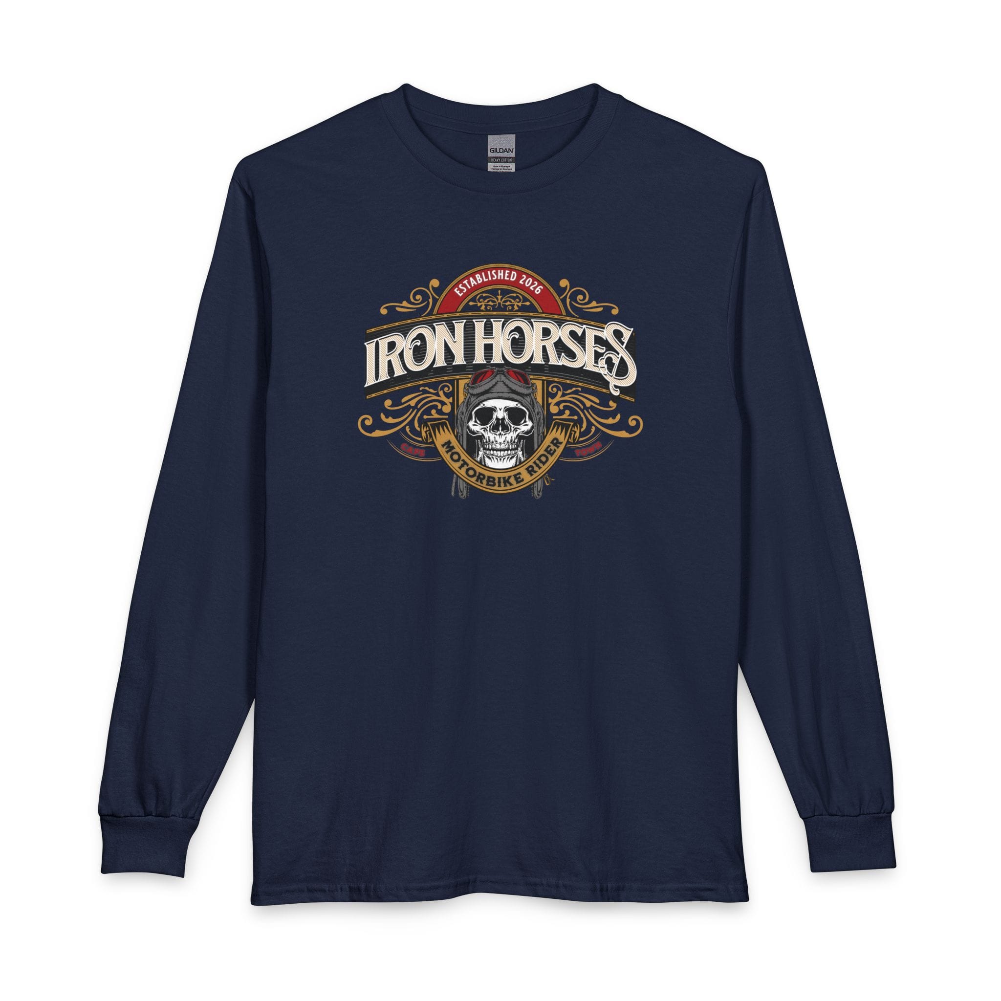 Black long sleeve t-shirt with a vintage "Iron Horses" skull and goggles motorcycle graphic
