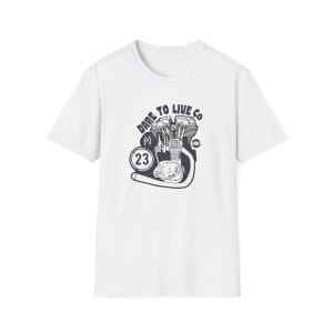 Grey vintage V-twin motorcycle engine illustration with Dare to Live Co text on a black t-shirt.