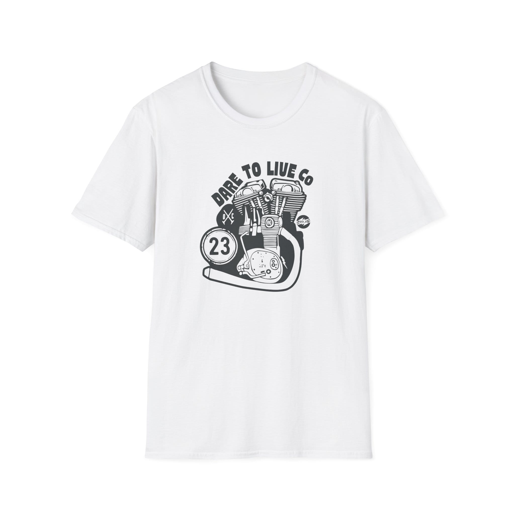 Grey vintage V-twin motorcycle engine illustration with Dare to Live Co text on a black t-shirt.